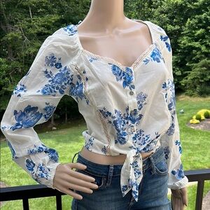 wild fable White and Blue Floral Tie-Front Blouse